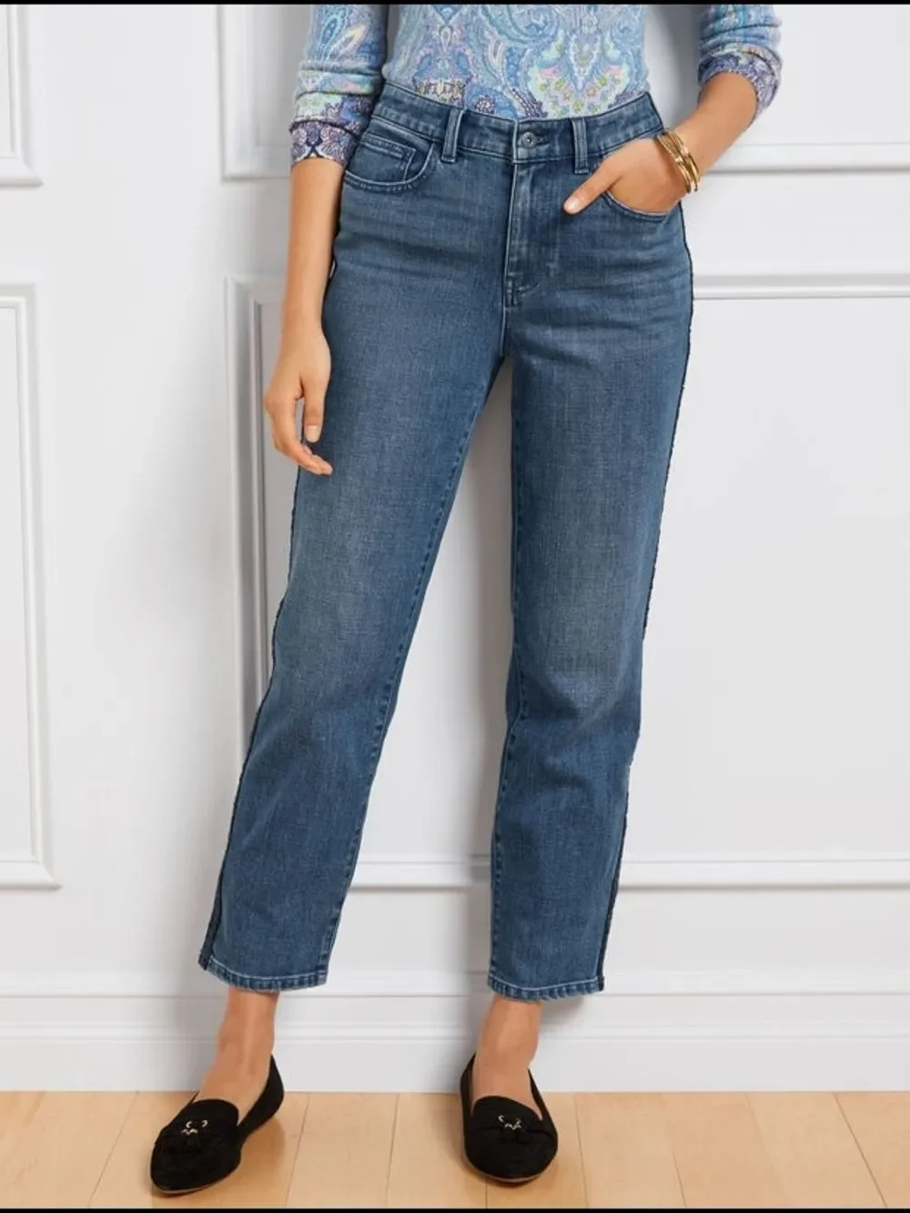 Talbots Womens Stardust Wash Blue Sequin Stripe Straight Leg Jeans Size 22W